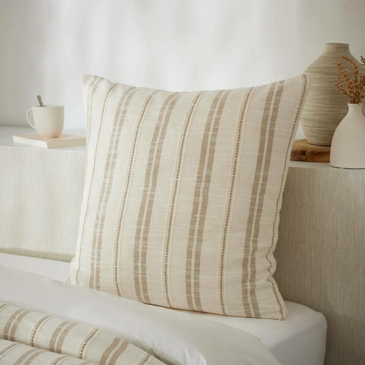 EMINZA Taie d'oreiller carrée réversible coton texturé et percale (60 x 60 cm) Alice Ficelle Best