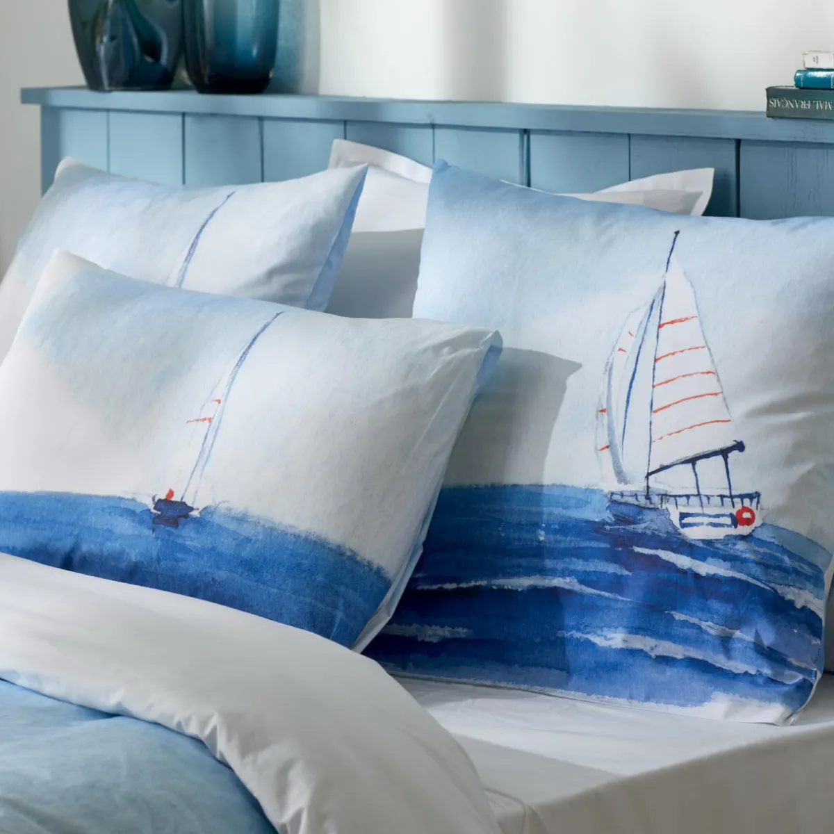 TRADI LINGE Taie d'oreiller rectangulaire percale de coton (50 x 70 cm) Regate e Bleu Best