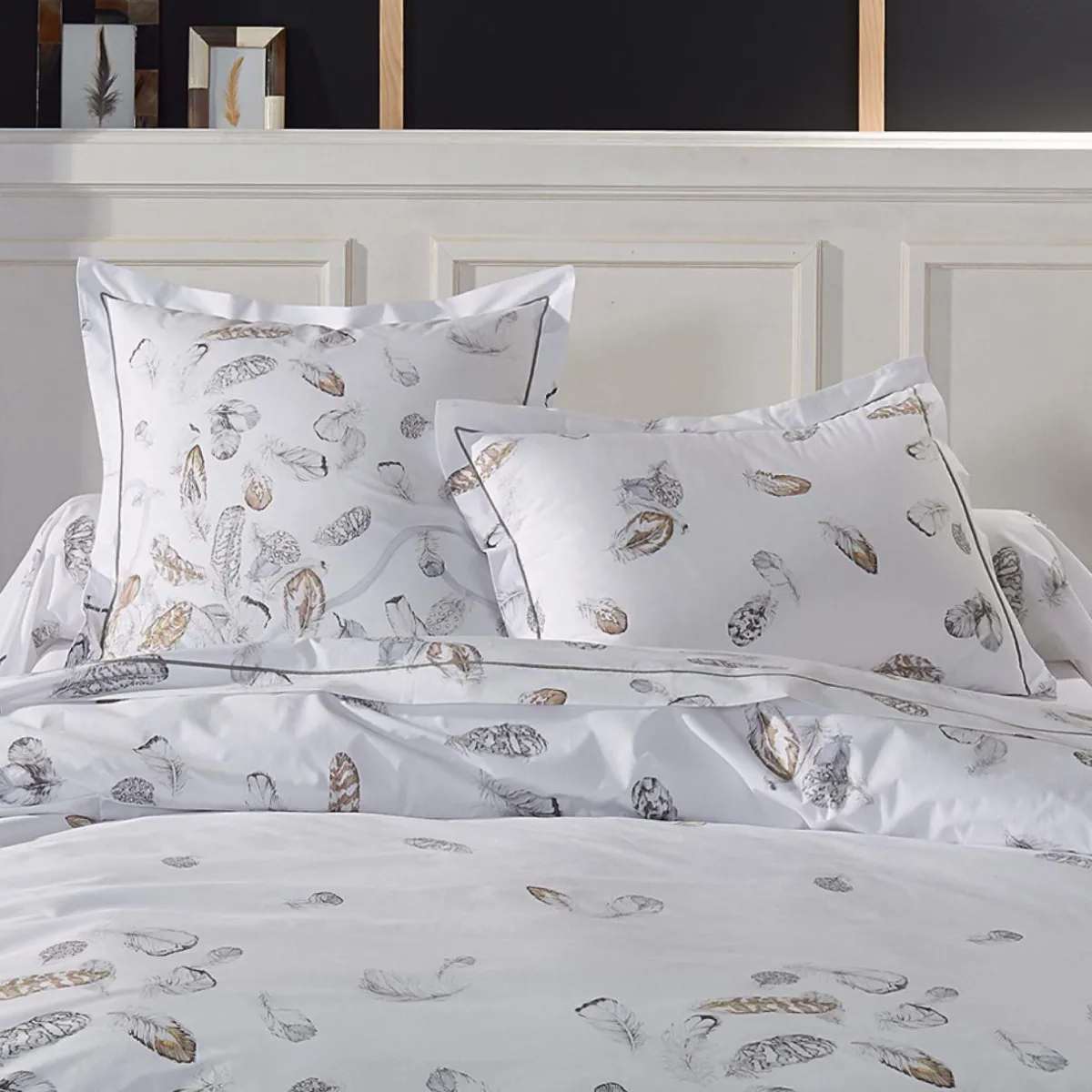 TRADI LINGE Taie d'oreiller rectangulaire percale de coton (50 x 70 cm) Plumes e Gris New