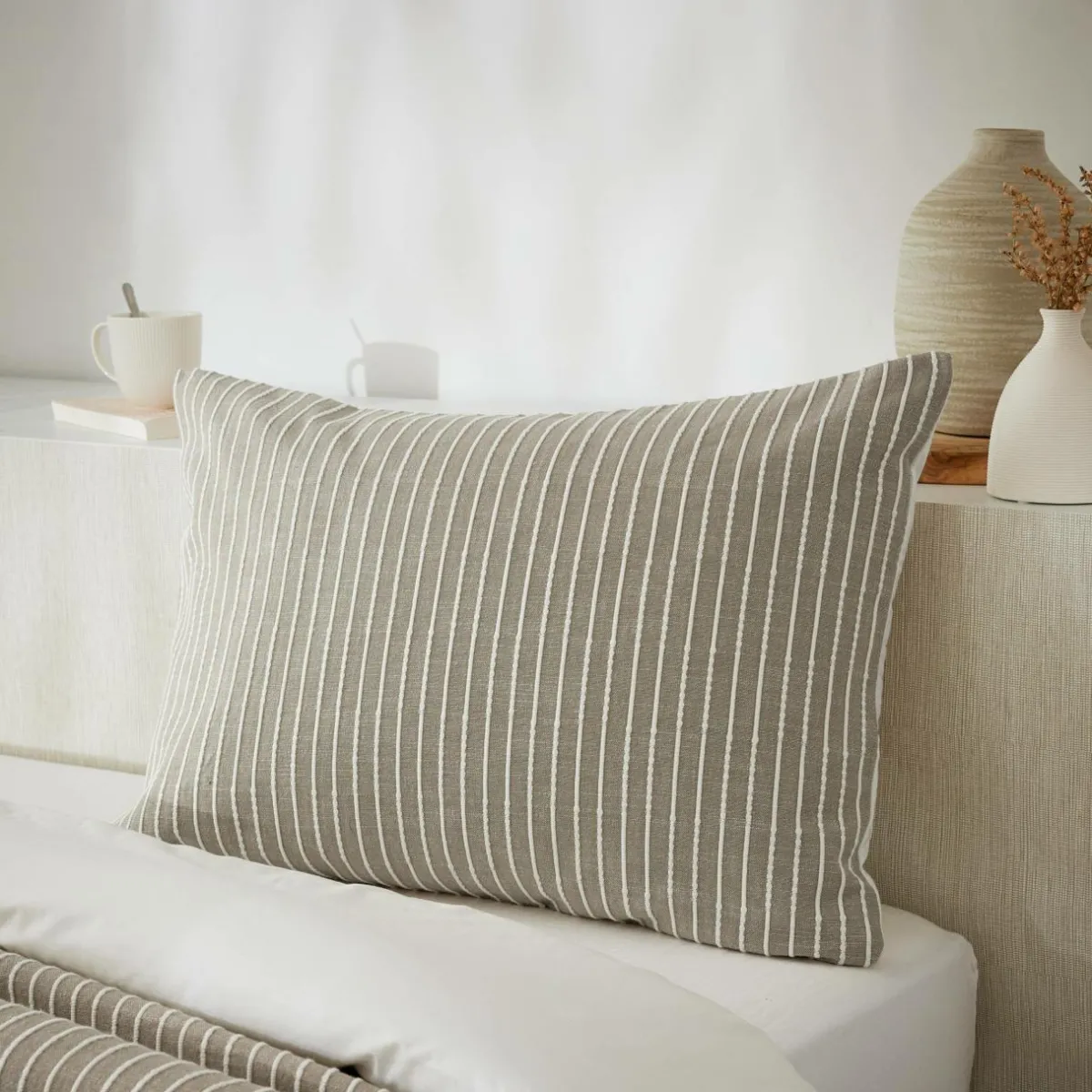 EMINZA Taie d'oreiller rectangulaire réversible coton texturé et percale (50 x 70 cm) Alice Ecru New