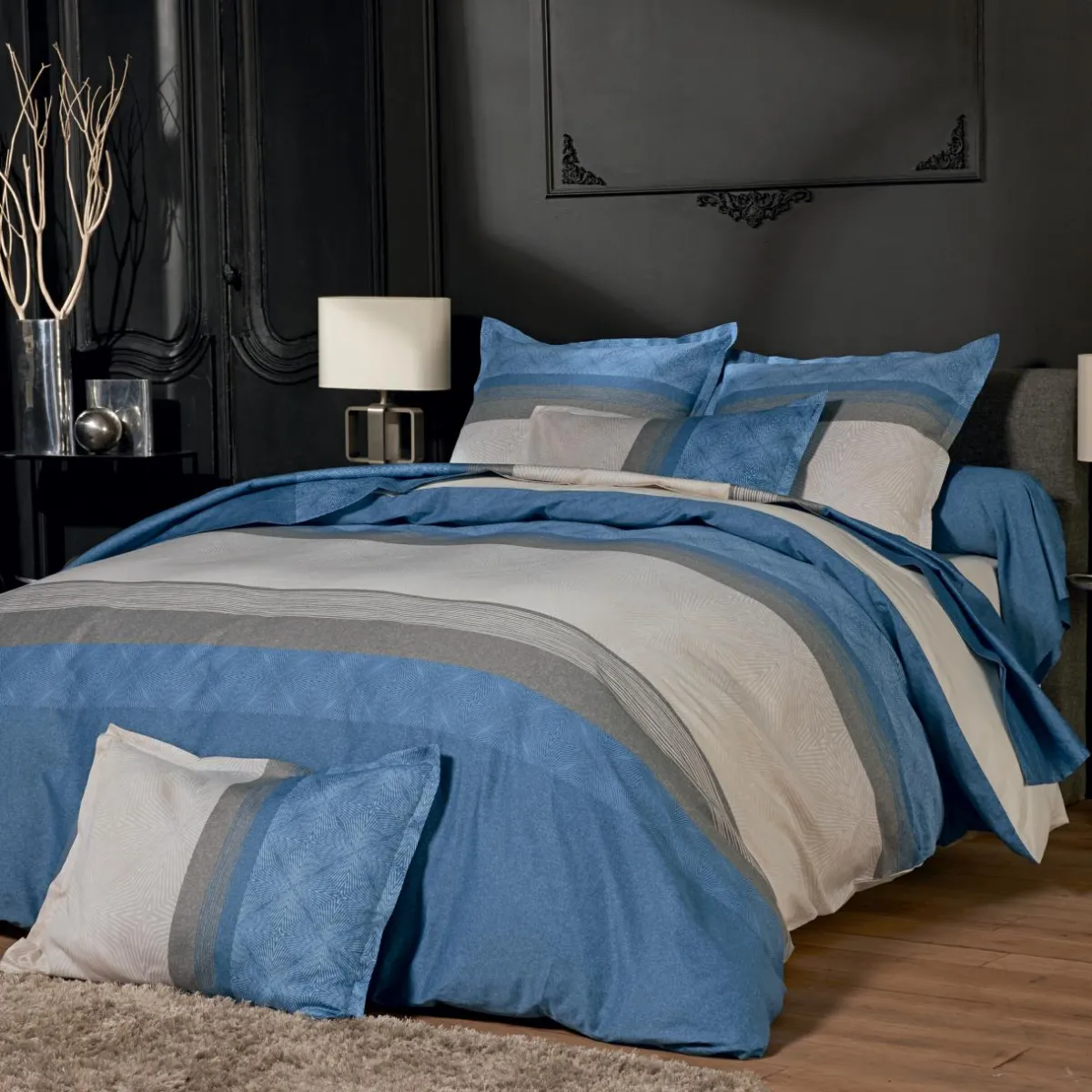 TRADI LINGE Taie d'oreiller rectangulaire satin de coton (50 x 70 cm) Tiago Bleue Noir Online