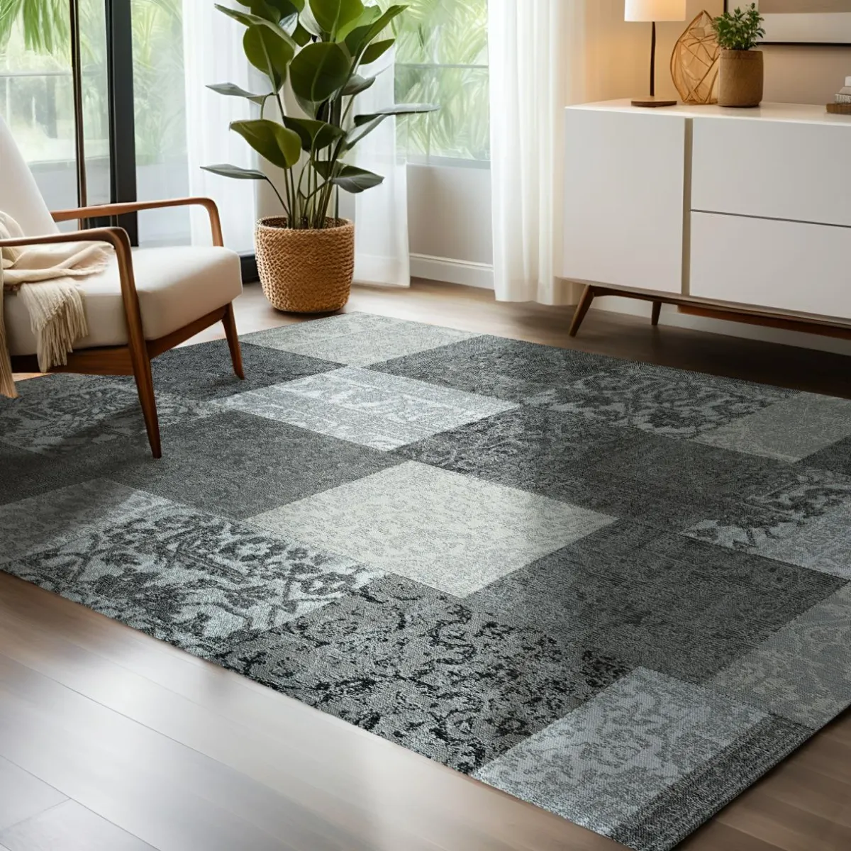 EMINZA Tapis de salon rectangulaire jacquard (160 x 230 cm) Rishi et gris Noir Hot