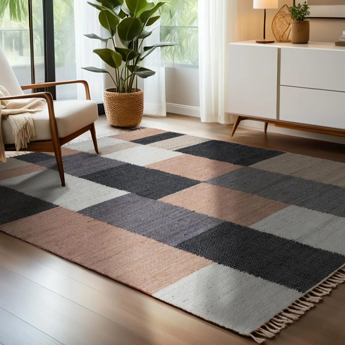 EMINZA Tapis de salon rectangulaire jute et coton (140 x 200 cm) Freya Multicolore Hot