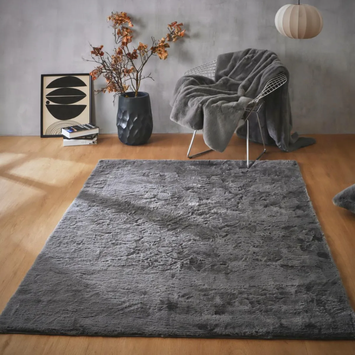 EMINZA Tapis rectangulaire fausse fourrure (140 x 200 cm) Finn Gris Anthracite