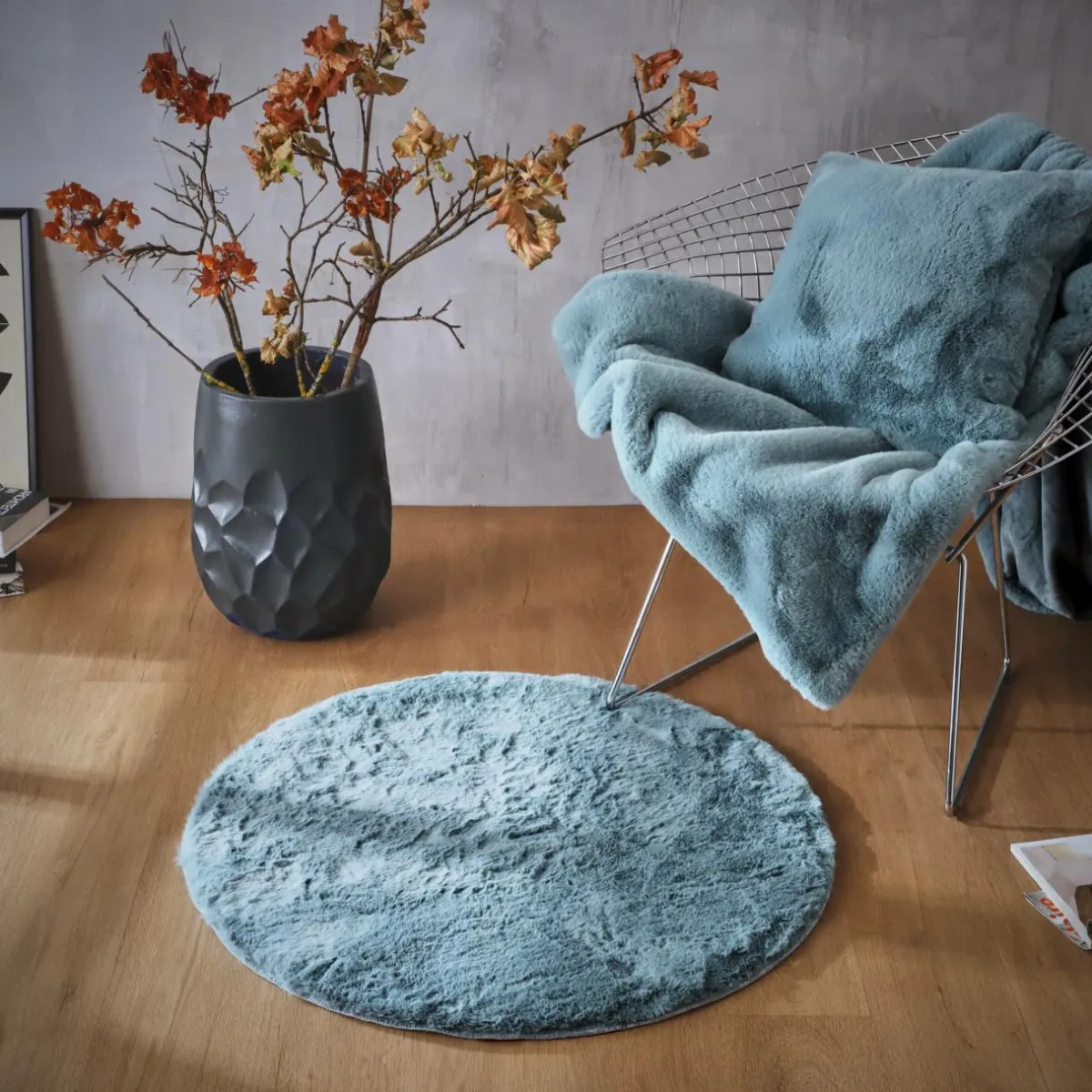 EMINZA Tapis rond fausse fourrure (80 cm) Finn Bleu