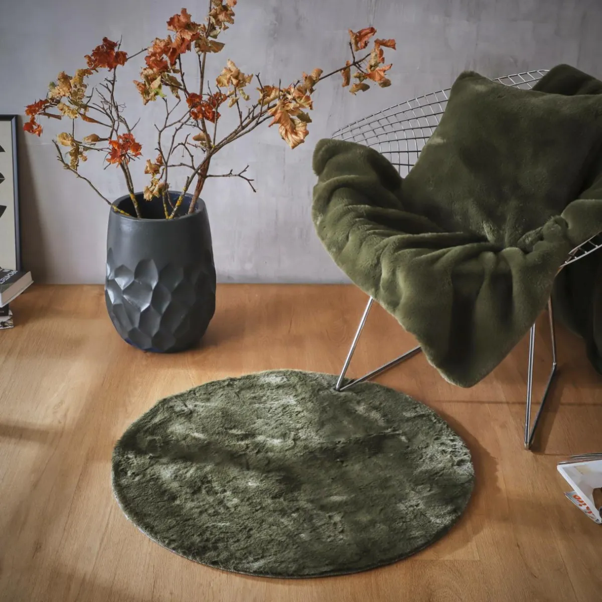 EMINZA Tapis rond fausse fourrure (80 cm) Finn Vert kaki Outlet