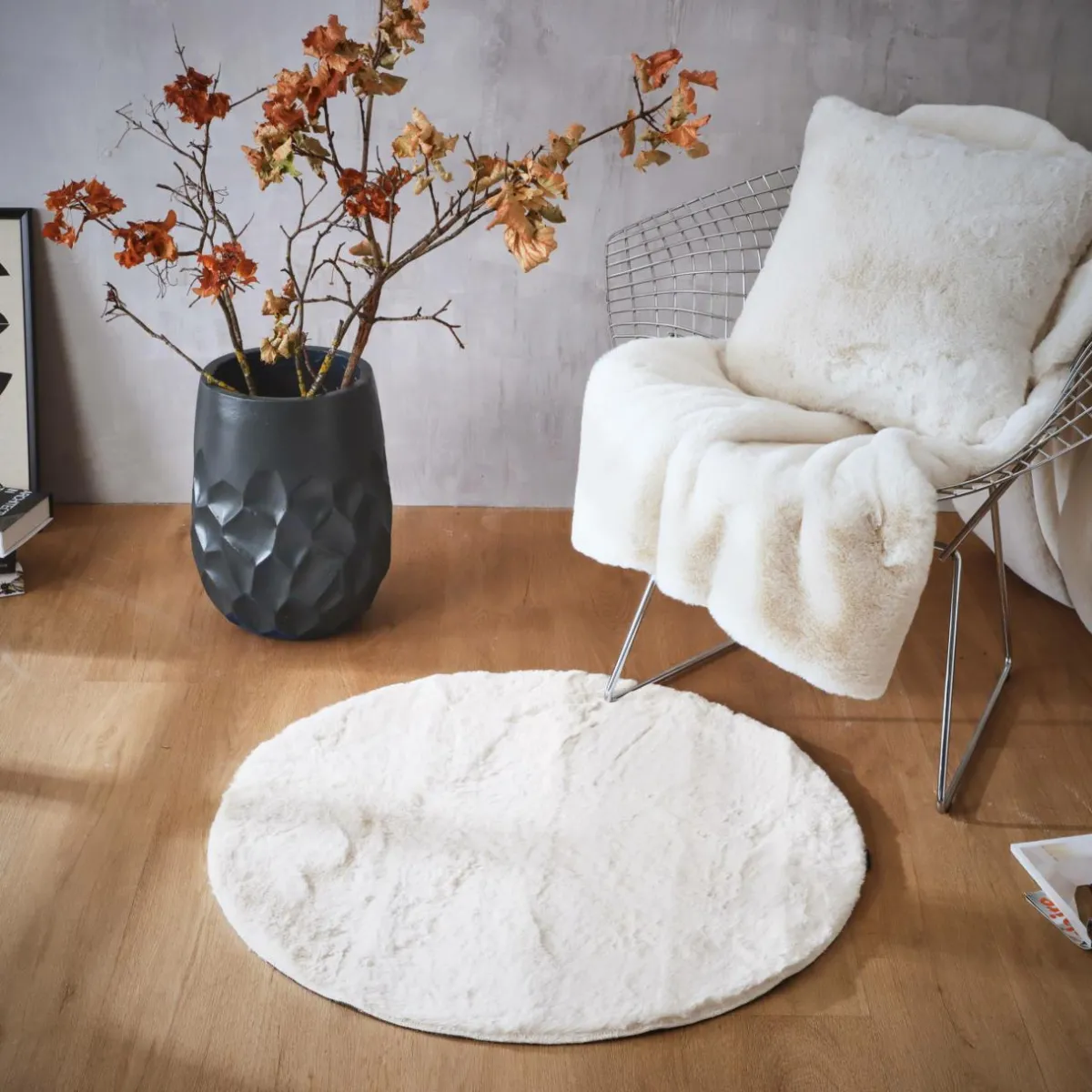 EMINZA Tapis rond fausse fourrure (80 cm) Finn Blanc Outlet