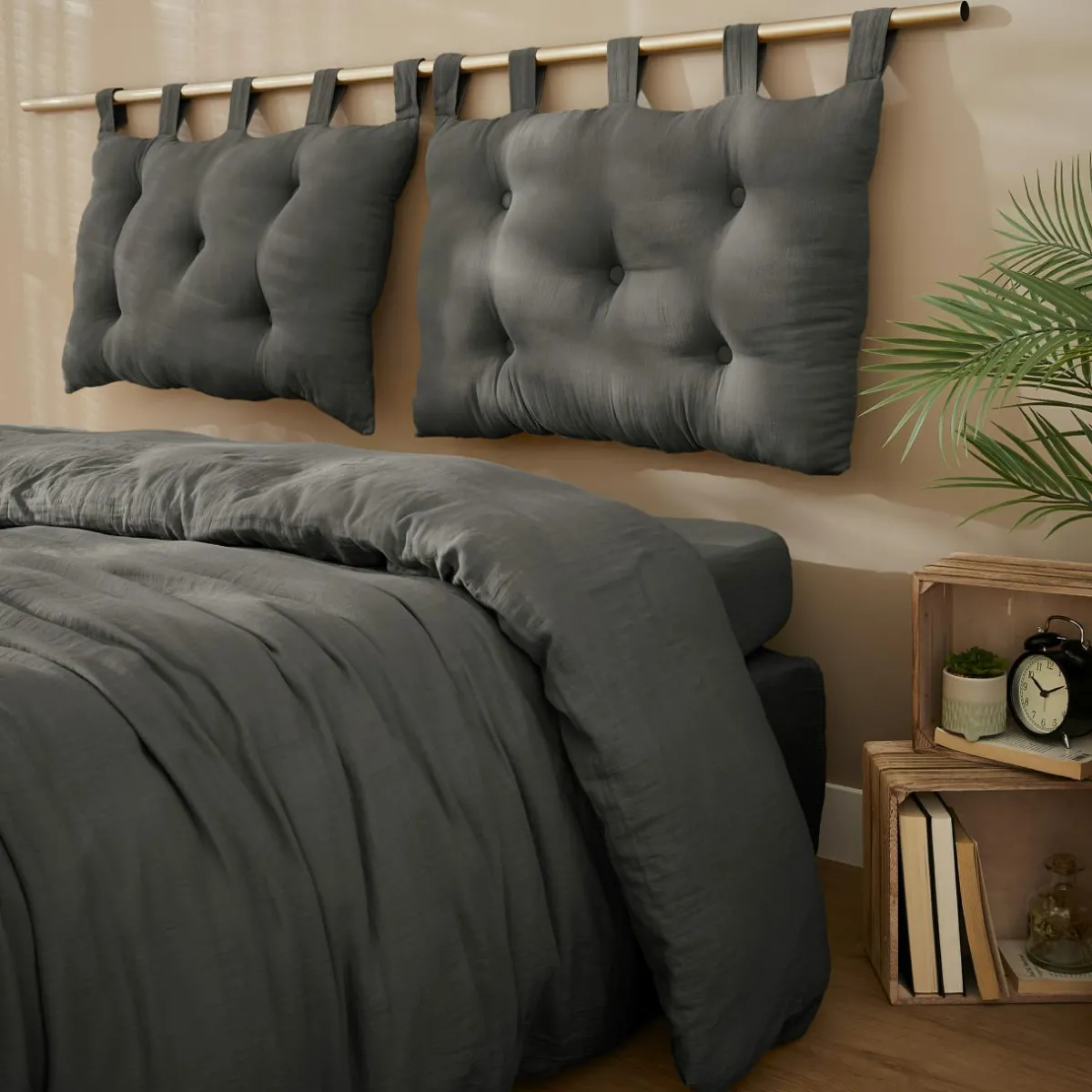 EMINZA Tête de lit coussin gaze de coton (80 x 50 cm) Gaïa Gris granit Gris foncé Best