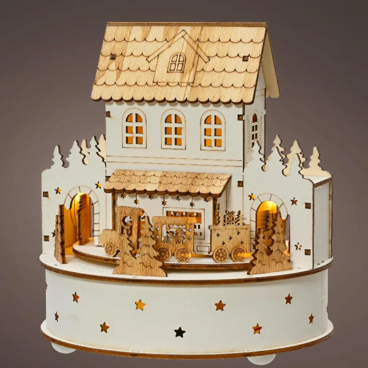 KAEMINGK Village de Noël en bois lumineux et musical à piles (H19 cm) Maison de famille Hot