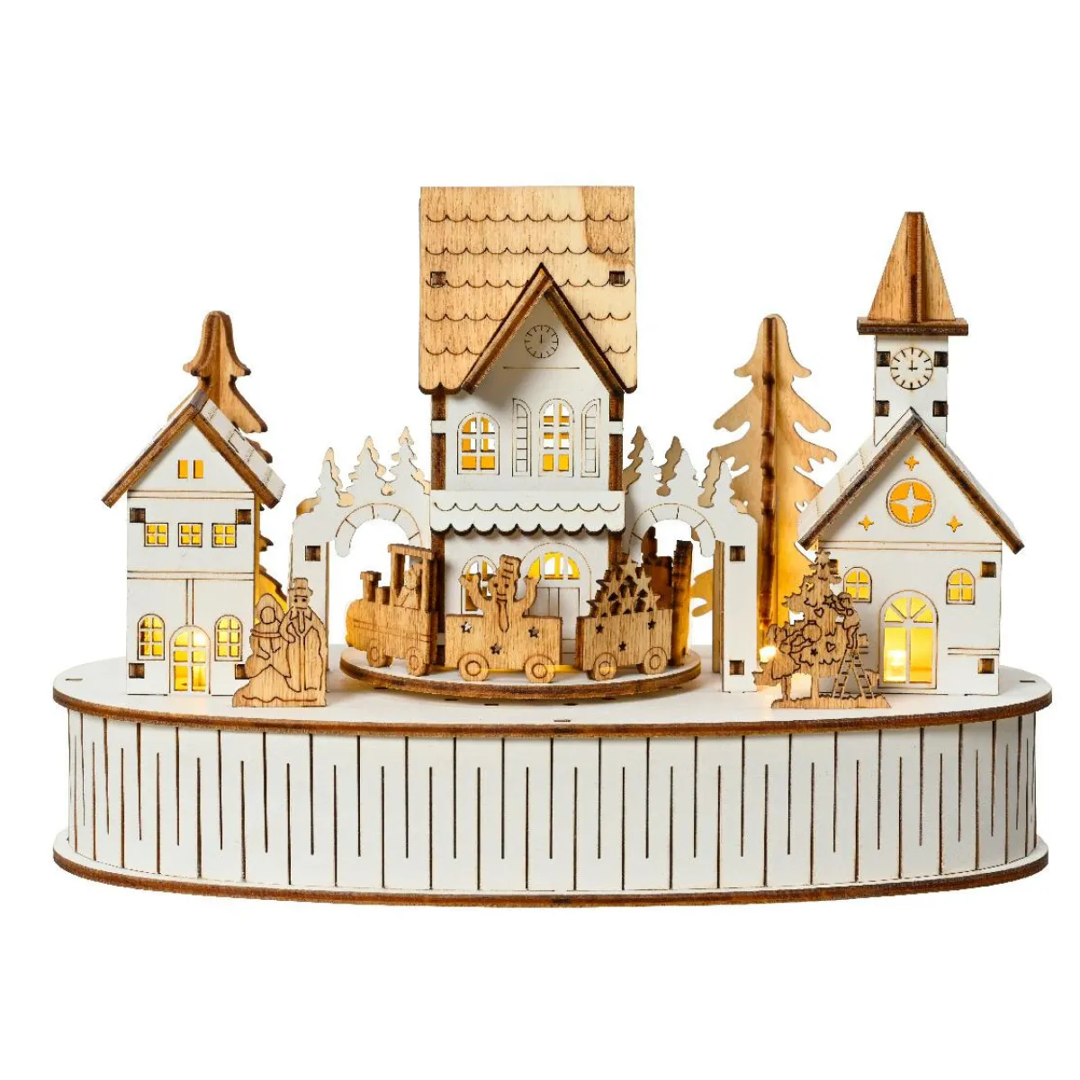 KAEMINGK Village de Noël en bois lumineux et musical à piles (22 x H15 cm) Ville de lumière New