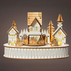 KAEMINGK Village de Noël en bois lumineux et musical à piles (22 x H15 cm) Ville de lumière New