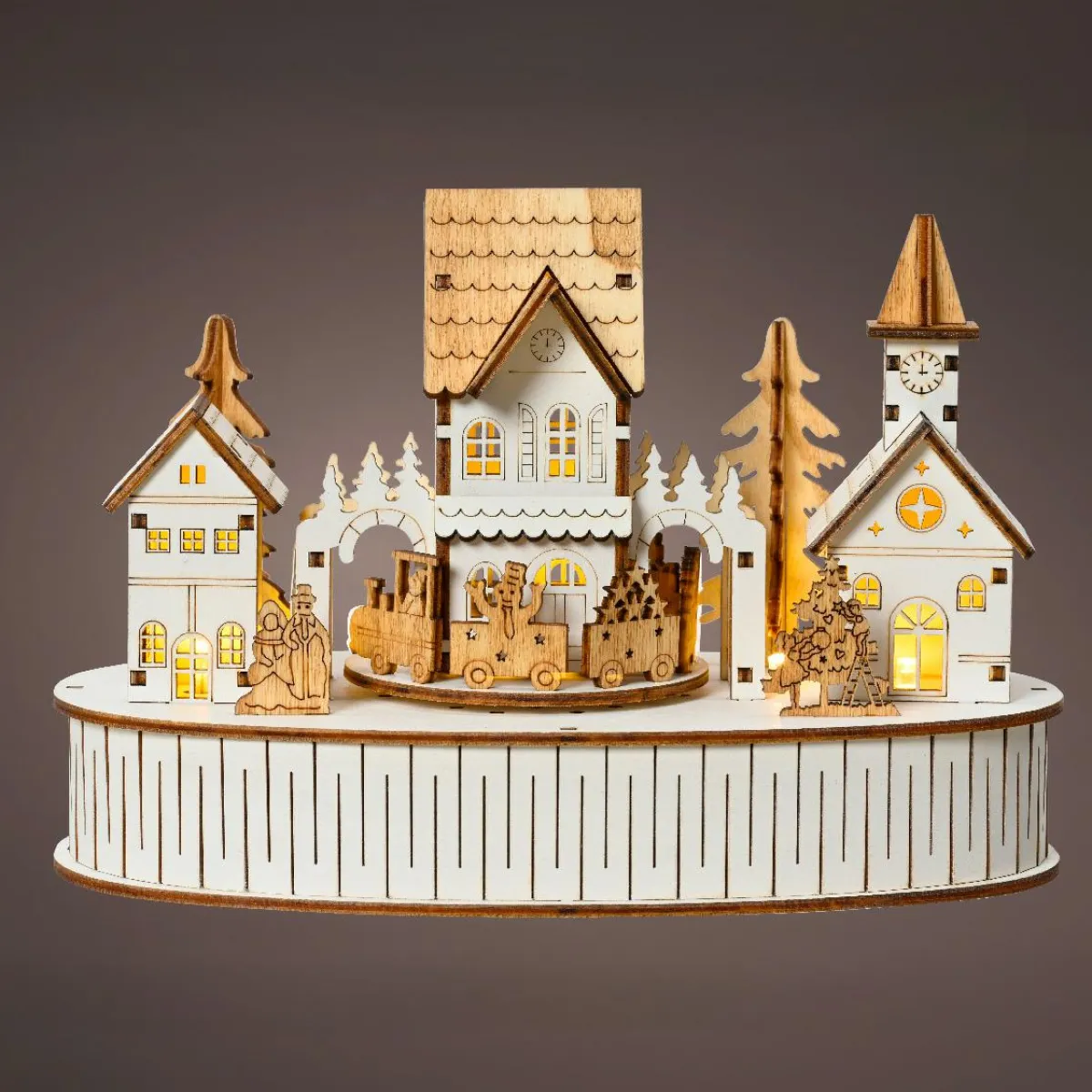 KAEMINGK Village de Noël en bois lumineux et musical à piles (22 x H15 cm) Ville de lumière New