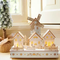 KAEMINGK Village de Noël en bois lumineux musical et animé à piles (H26 cm) Moulin et hameau Naturel New