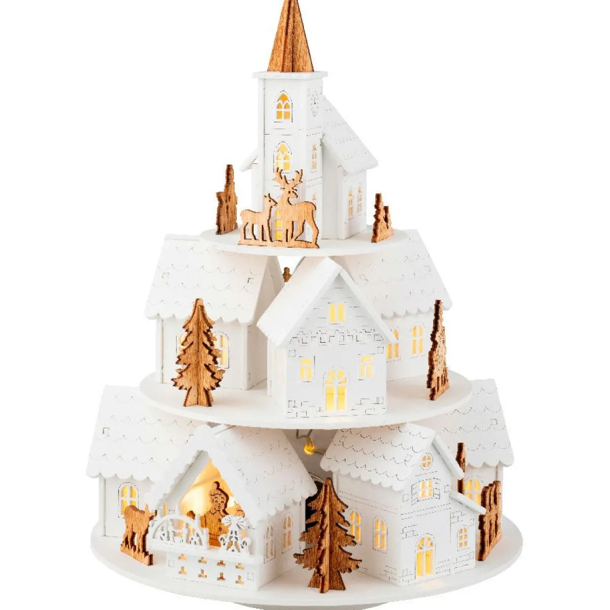 KAEMINGK Village de Noël en bois lumineux et musical à piles (H28 cm) Maisons sur colline