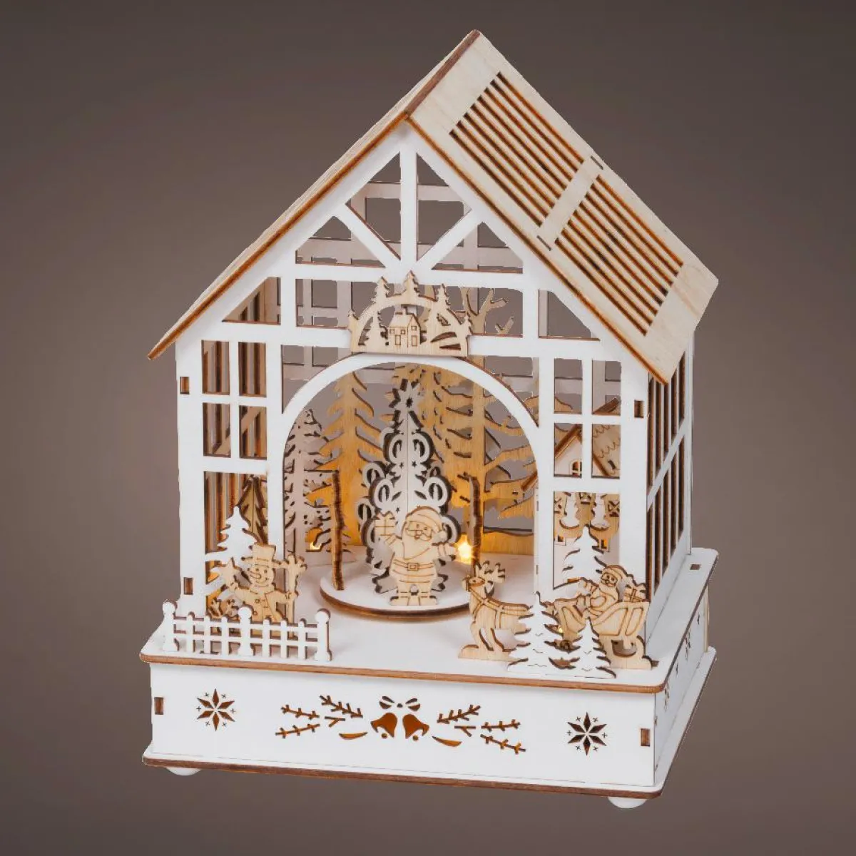 KAEMINGK Village de Noël en bois lumineux, musical et animé à piles (18 x 24 cm) Jardin d’hiver Naturel Sale