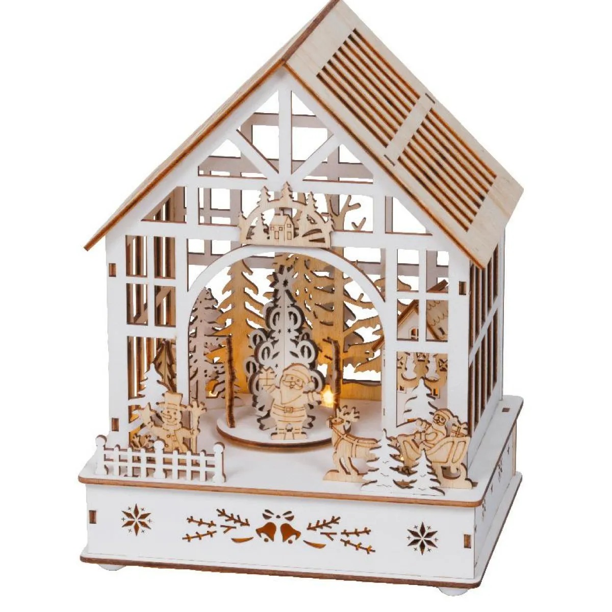 KAEMINGK Village de Noël en bois lumineux, musical et animé à piles (18 x 24 cm) Jardin d’hiver Naturel Sale