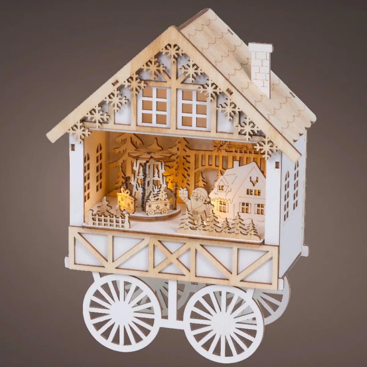 KAEMINGK Village de Noël en bois lumineux musical et animé à piles (H27 cm) Charriot festif Naturel
