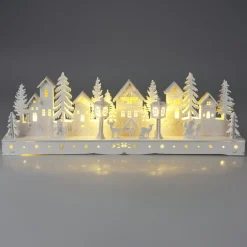 KOOPMAN Village de Noël en bois lumineux à piles (45 x H15 cm) Square enchanté Blanc New