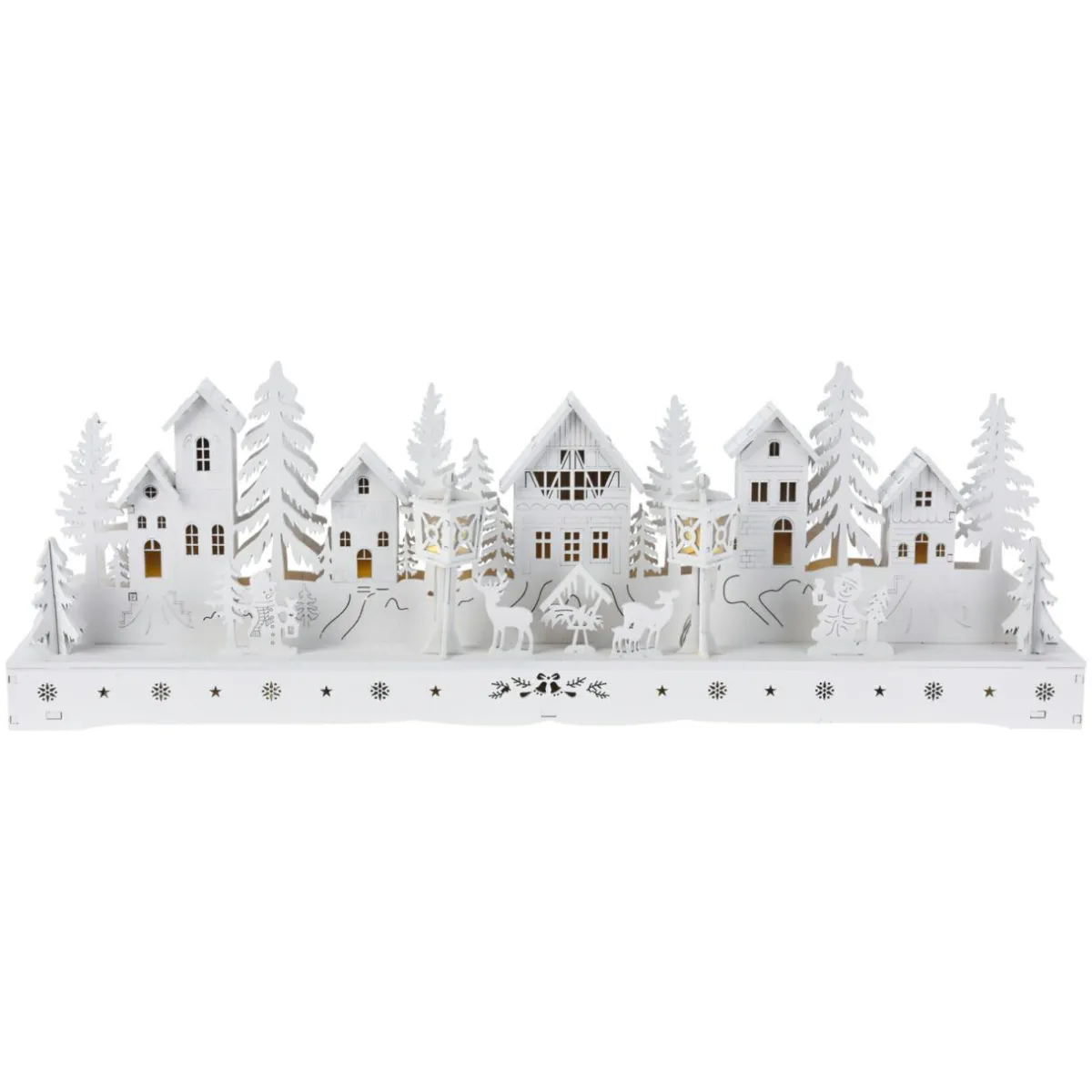 KOOPMAN Village de Noël en bois lumineux à piles (45 x H15 cm) Square enchanté Blanc New