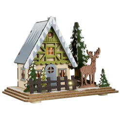BLACHERE Village de Noël en bois lumineux à piles (16 x H12 cm) Ma maison en Forêt Blanc chaud Discount