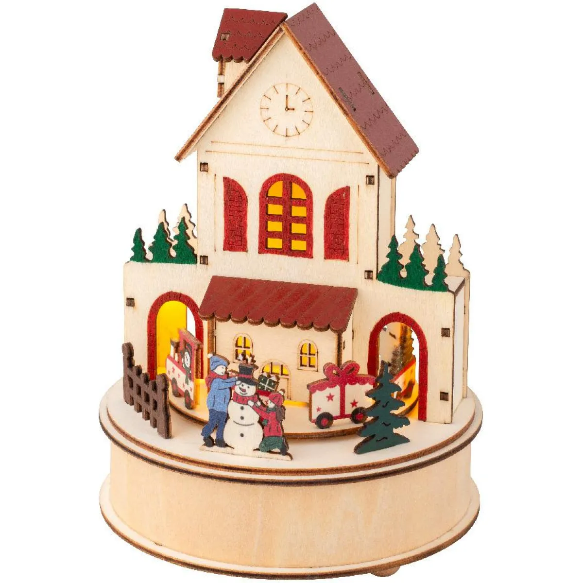KAEMINGK Village de Noël en bois lumineux et musical à piles (H20 cm) Maison joyeuse Colorée Sale