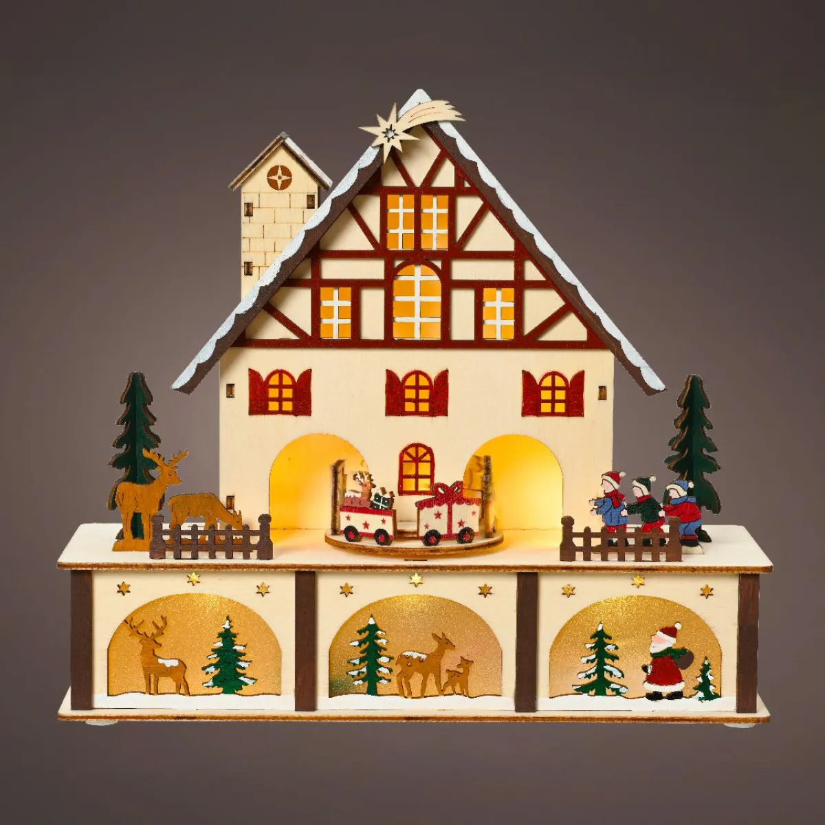 KAEMINGK Village de Noël en bois lumineux et musical à piles (27 x H24 cm) Chalet Suisse Coloré