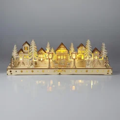 KOOPMAN Village de Noël en bois lumineux à piles (45 x H15 cm) Square enchanté Naturel Discount