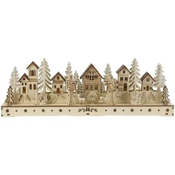 KOOPMAN Village de Noël en bois lumineux à piles (45 x H15 cm) Square enchanté Naturel Discount