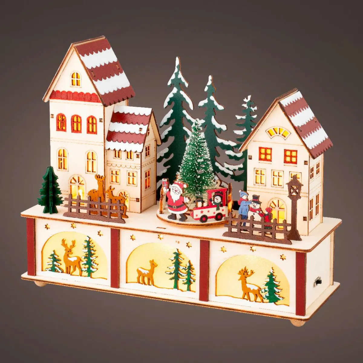 KAEMINGK Village de Noël en bois lumineux et musical à piles (27 x H22 cm) Cœur du village Coloré