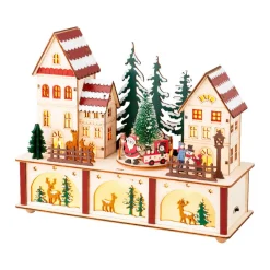 KAEMINGK Village de Noël en bois lumineux et musical à piles (27 x H22 cm) Cœur du village Coloré