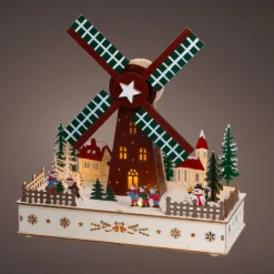 KAEMINGK Village de Noël en bois lumineux, animé et musical à piles (H29 cm) Moulin à vent Multicolore Sale