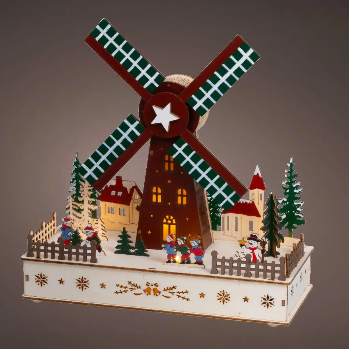 KAEMINGK Village de Noël en bois lumineux, animé et musical à piles (H29 cm) Moulin à vent Multicolore Sale