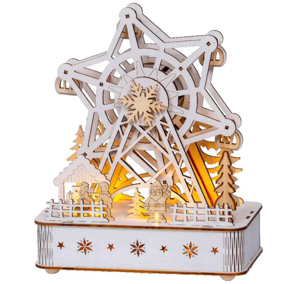 KAEMINGK Village de Noël en bois lumineux et musical à piles (20 x 24 cm) Grande roue Naturel Online