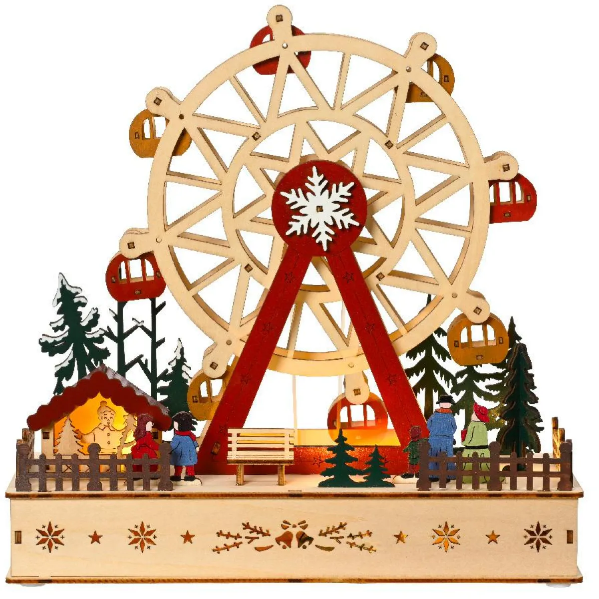 KAEMINGK Village de Noël en bois lumineux et musical à piles (28 x H28 cm) Grande roue Colorée New