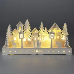 KOOPMAN Village de Noël en bois lumineux à piles (29 x H14 cm) Square enchanté Blanc Hot