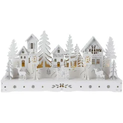 KOOPMAN Village de Noël en bois lumineux à piles (29 x H14 cm) Square enchanté Blanc Hot