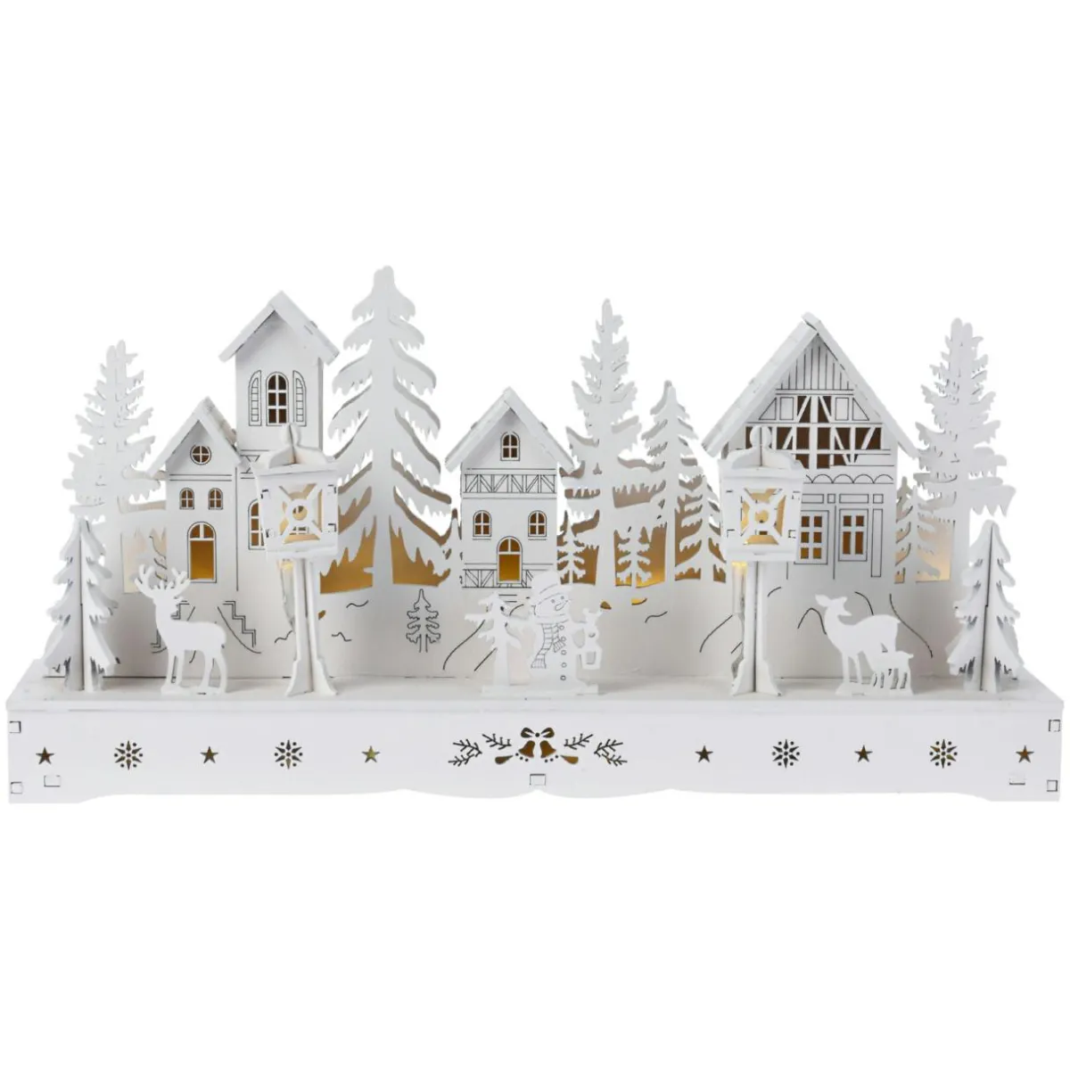 KOOPMAN Village de Noël en bois lumineux à piles (29 x H14 cm) Square enchanté Blanc Hot