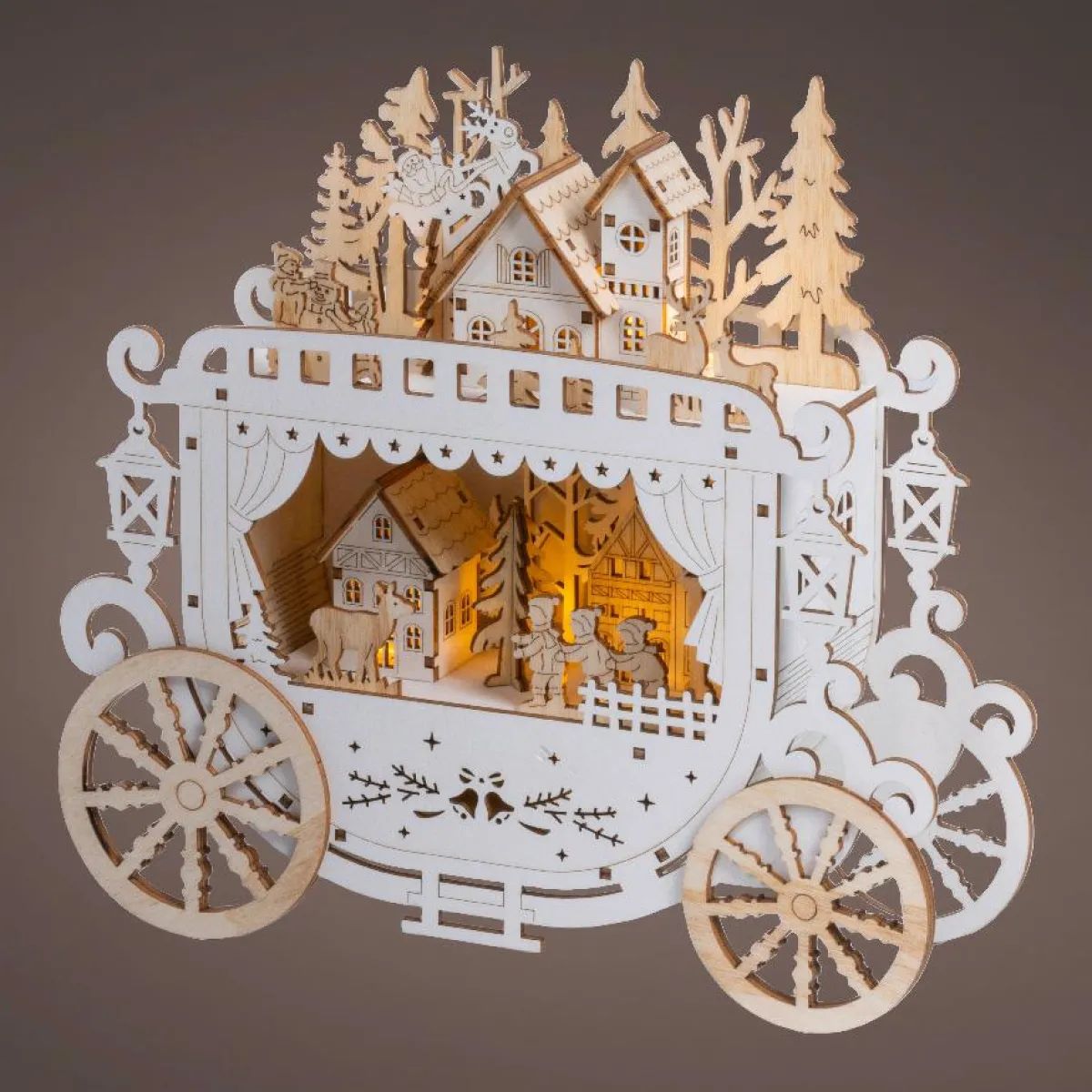 KAEMINGK Village de Noël en bois lumineux à piles (H23 cm) Diligence Naturel