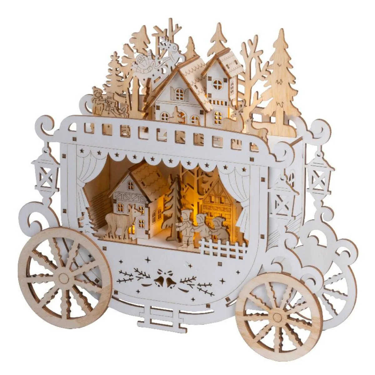 KAEMINGK Village de Noël en bois lumineux à piles (H23 cm) Diligence Naturel