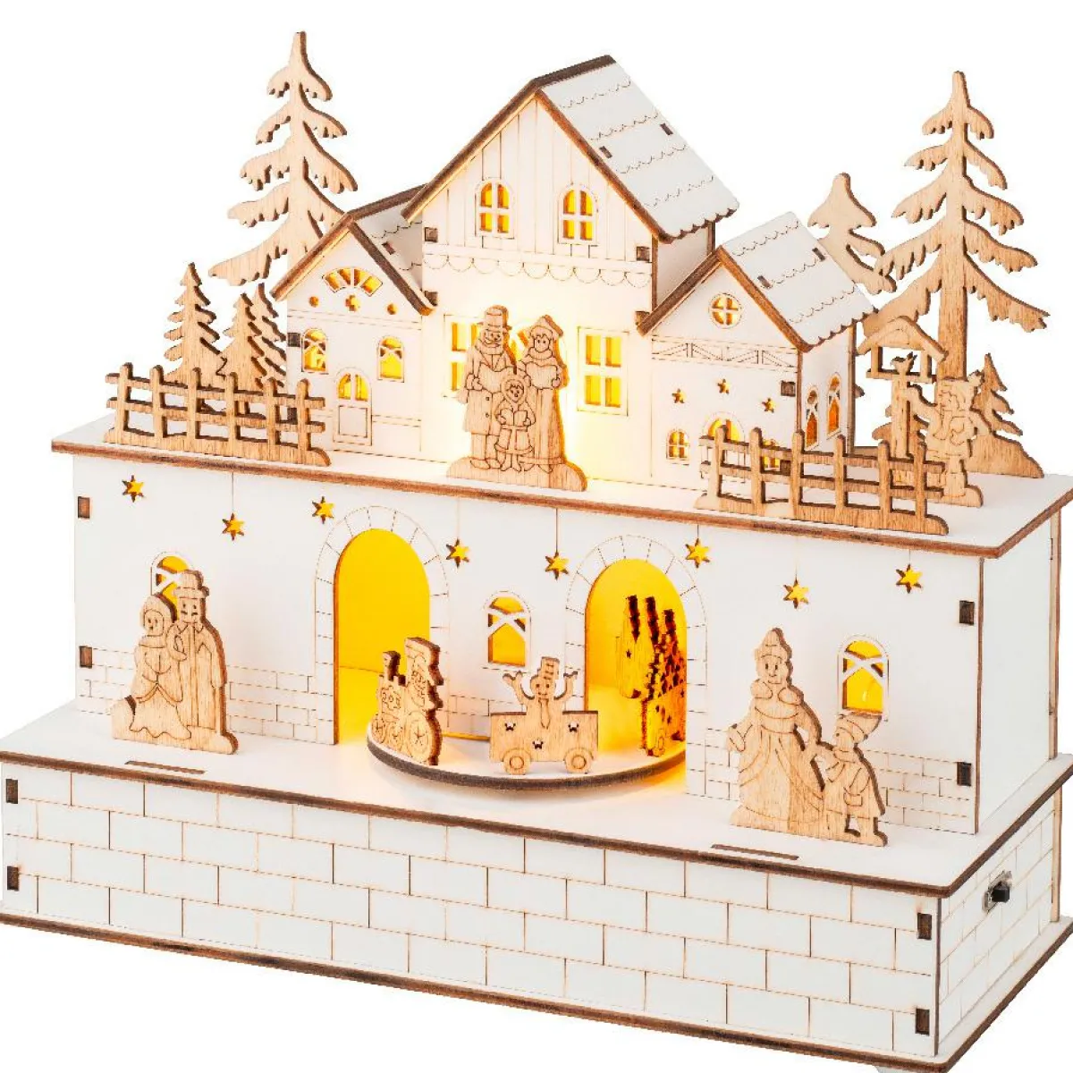 KAEMINGK Village de Noël en bois lumineux et musical à piles (21 x H24 cm) Villageois en fête Outlet