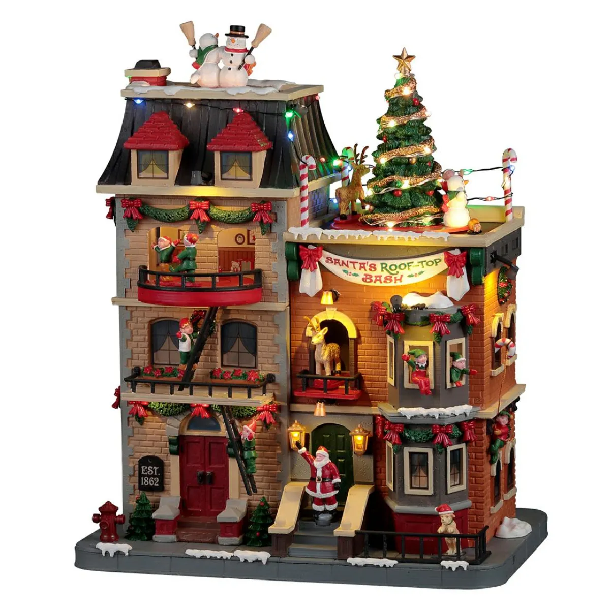 LEMAX Village de Noël lumineux, musical et animé Fête du Père Noël sur les toits New