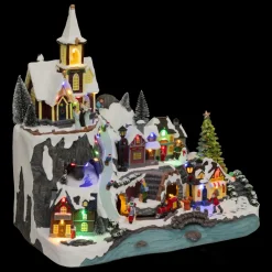 JJA Village de Noël lumineux animé et musical (H45 cm) Grande église et train Multicolore New