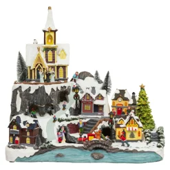 JJA Village de Noël lumineux animé et musical (H45 cm) Grande église et train Multicolore New