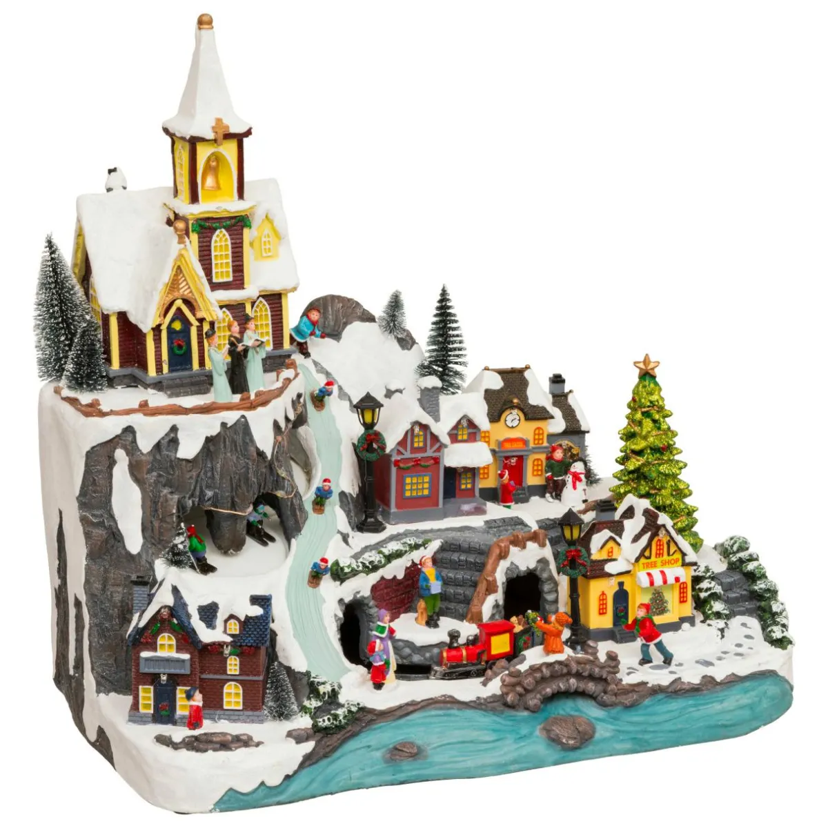 JJA Village de Noël lumineux animé et musical (H45 cm) Grande église et train Multicolore New