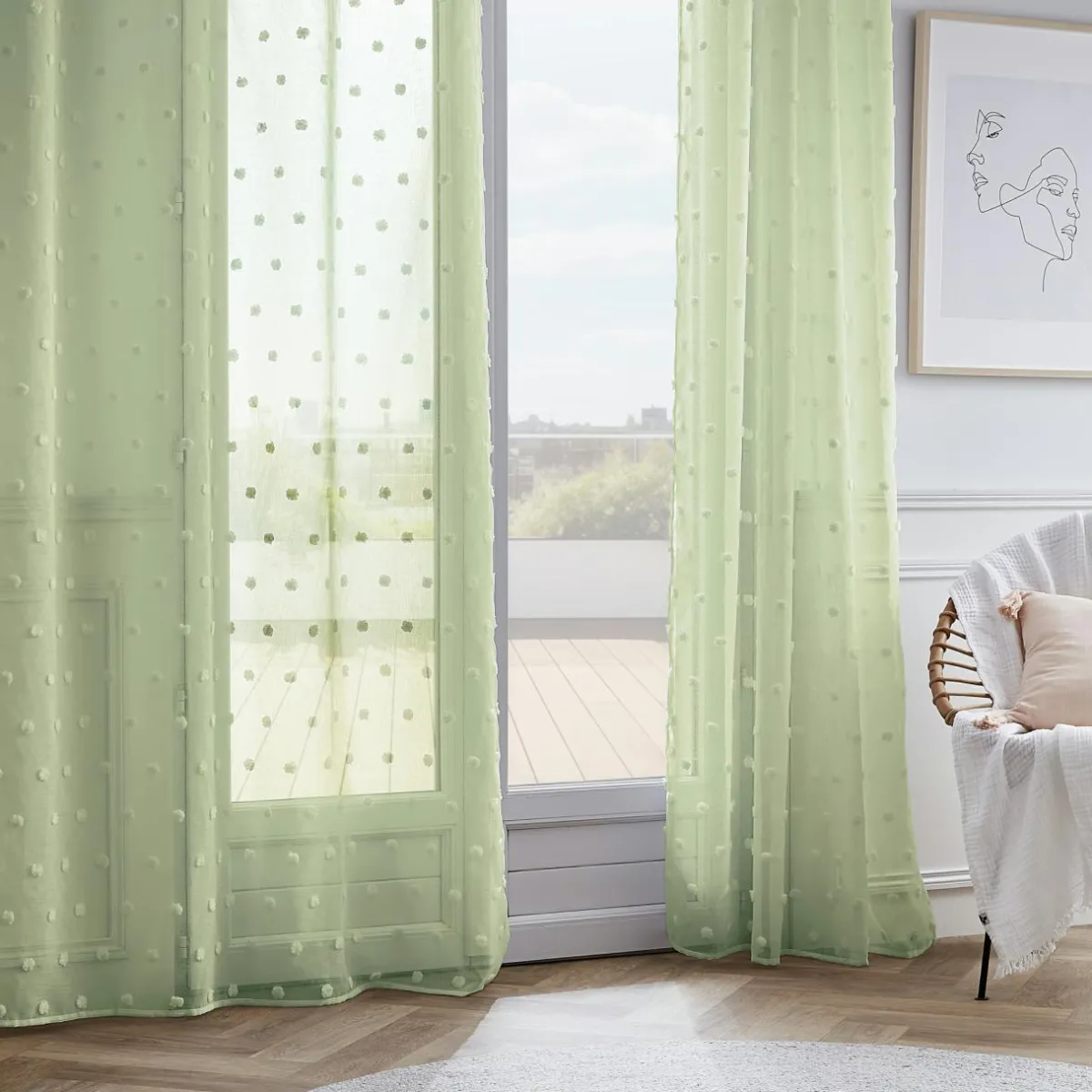 EMINZA Voilage oeillets pompons (140 x 240 cm) Emie Vert d'eau Vert d'eau Sale