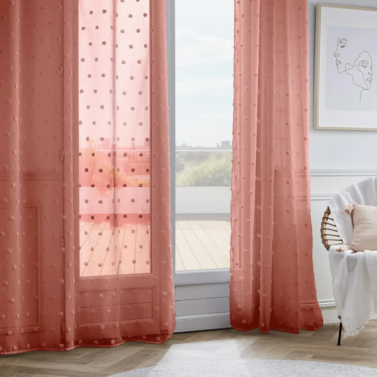 EMINZA Voilage oeillets pompons (140 x 280 cm) Emie Terracotta Sale