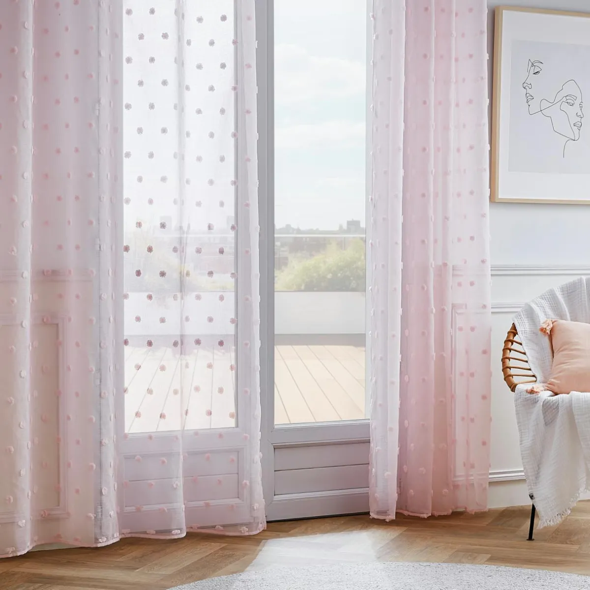 EMINZA Voilage oeillets pompons (140 x 240 cm) Emie Rose New