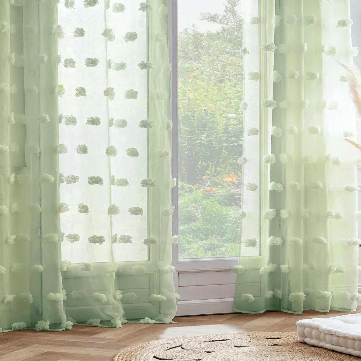 EMINZA Voilage oeillets pompons (140 x 240 cm) Suzie Vert d'eau Vert d'eau Discount