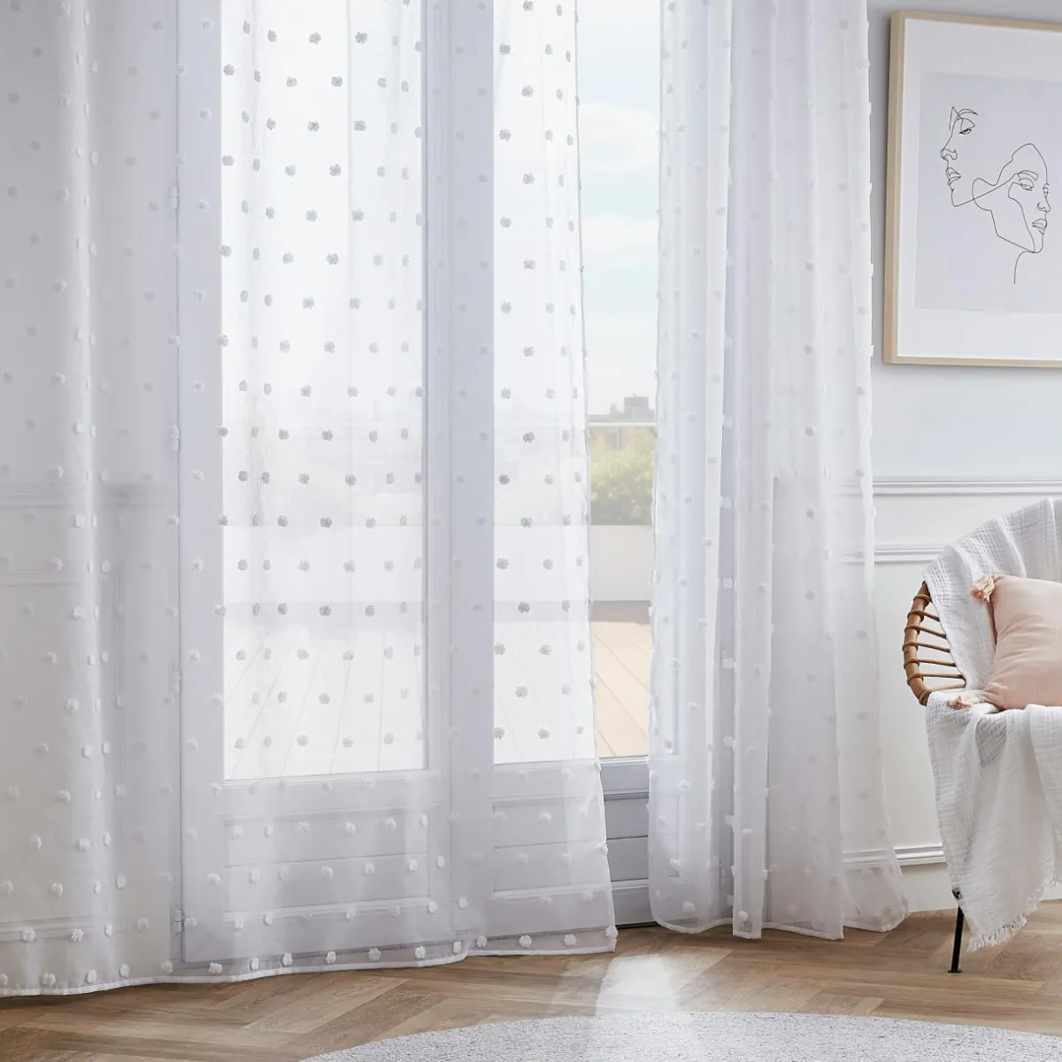 EMINZA Voilage oeillets pompons (180 x 240 cm) Emie Blanc